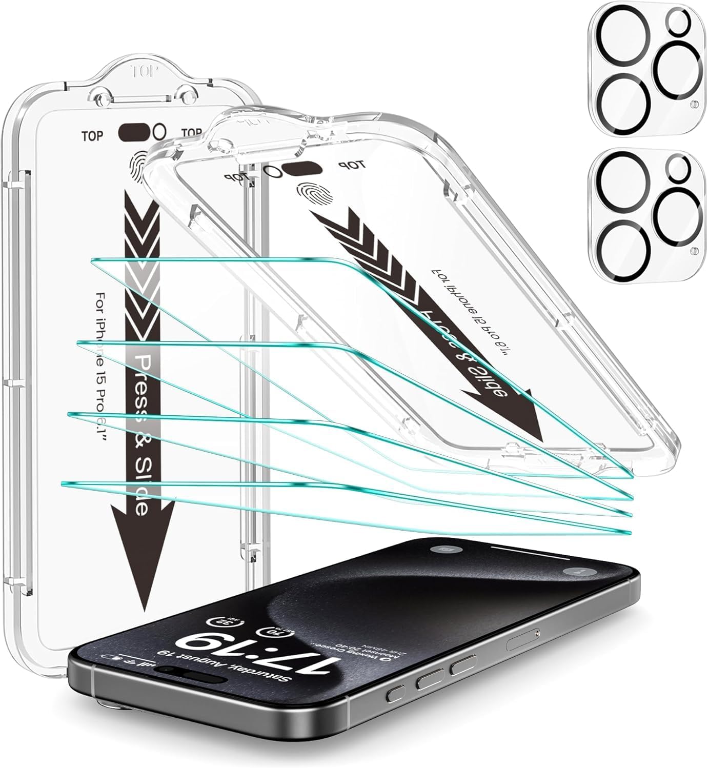 EZ-GLAZ- 4 Pack for iPhone 15 Pro Screen Protector [6.1"] With 2 Pack Camera Lens Protector, 9H+ Hardness 12FT Military Grade Shatterproof Scratch Resistant Durable Tempered Glass Film with Flawless Fit Kit, HD Clear
