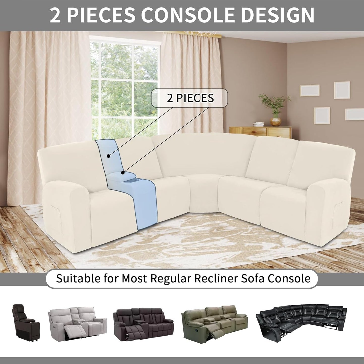 Easy-Going 100% Waterproof Recliner Console Cover, Stretch Middle Console Couch Covers for Reclining Sofas, Sectional L-Shape Furniture Protector for Kids & Pets, 1 Console Cover, Beige