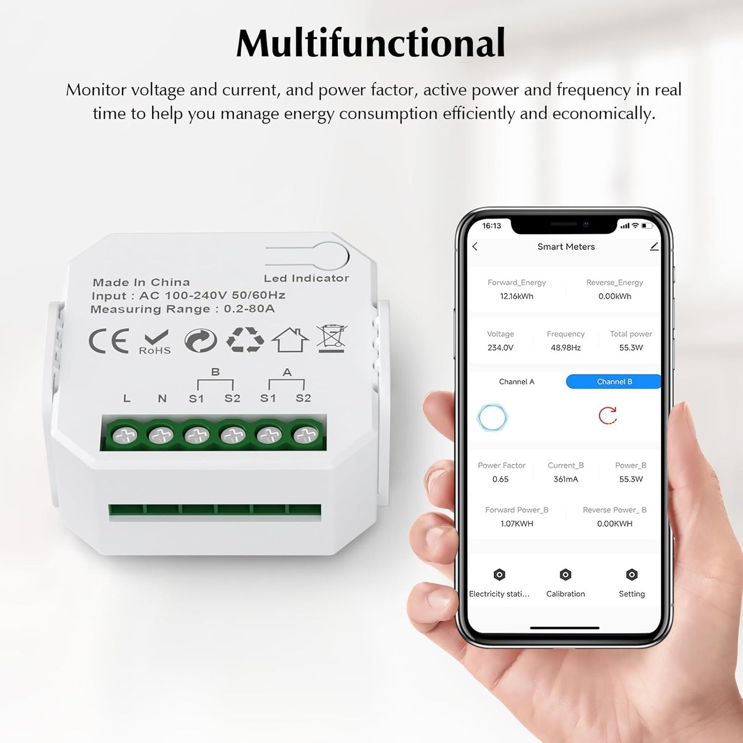 eMylo 2 Channel WiFi Power Meter 80A+80A Smart Power Monitor,Clamp Ammeter Power Monitor,2.4GHz WiFi,Real Time Monitoring,Smart Life/TUYA APP, Compatible with Alexa and Google Assistant