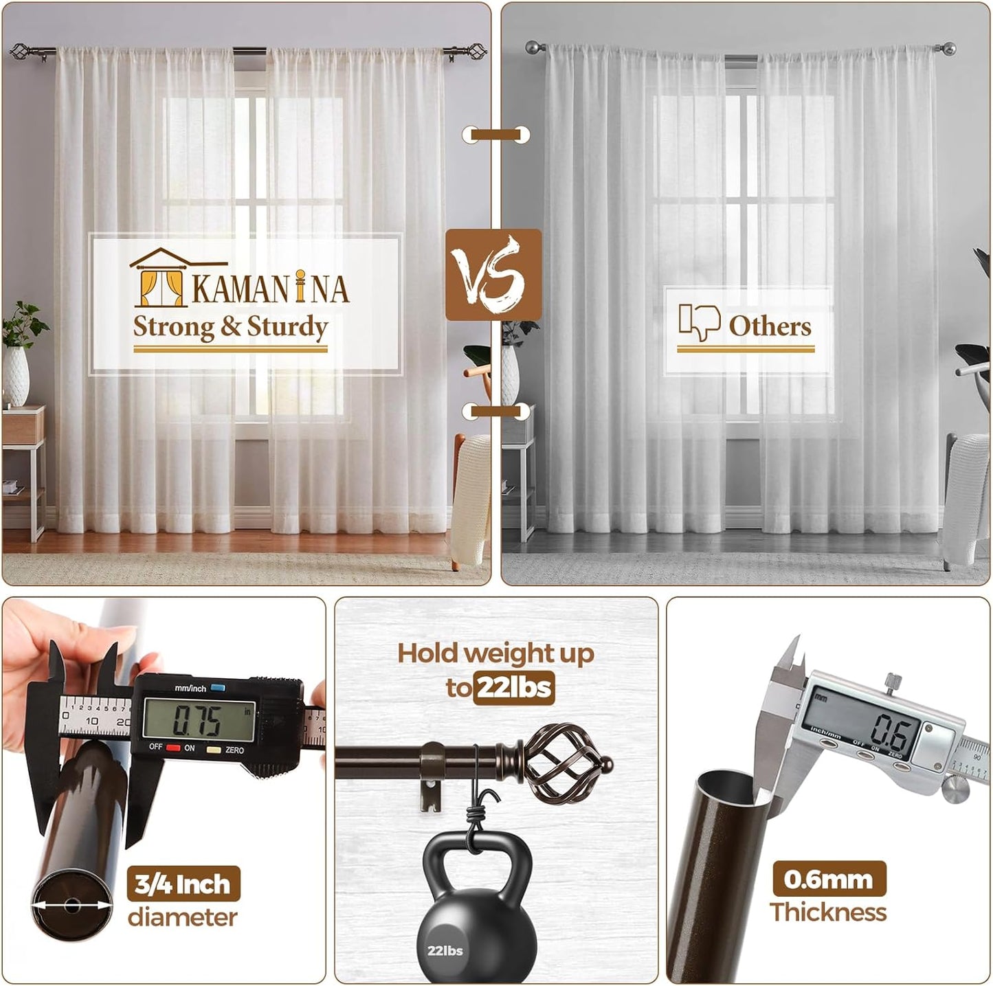 KAMANINA 2 Pack Curtain Rods 32 to 58 Inches (2.6-4.8ft), 3/4 Inch Curtain Rods for Windows Splicing Adjustable Single Drapery Rod with Twisted Cage Finial, for Indoor and Outdoor, Bronze