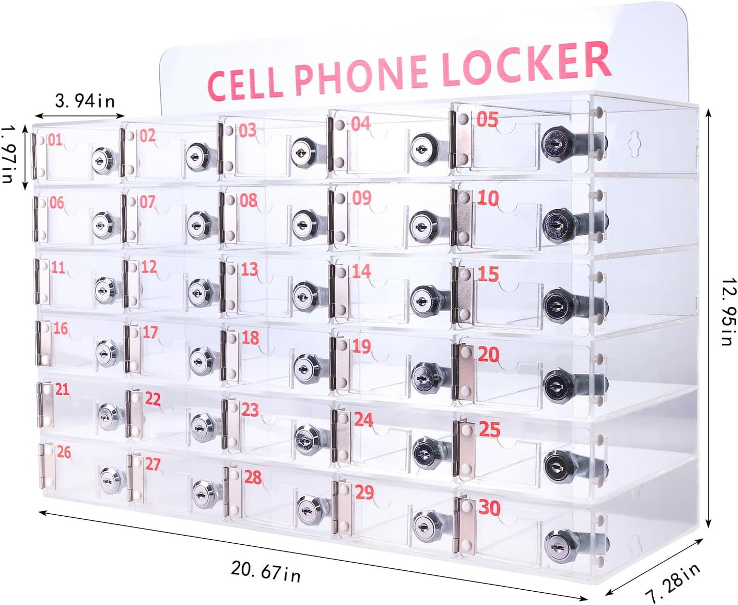 30 Slots Clear Cell Phone Locker,Acrylic Cell Phone Organizer Phones Storage Cabinet Wall Mounted with Door Locks Keys for Factory Office School 12.9X20.6X7.2inch