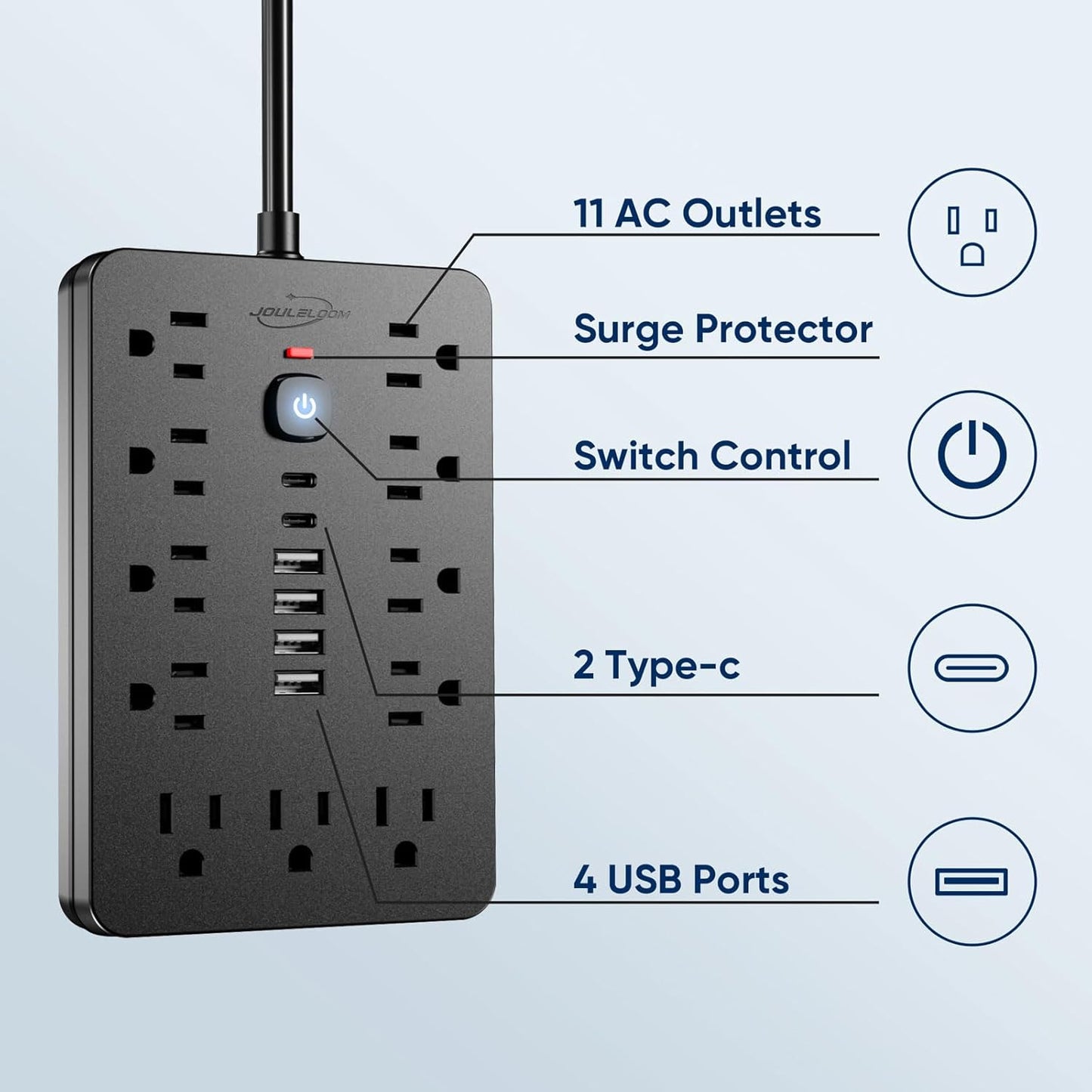 20 FT Flat Plug Surge Protector Power Strip,11 Multiple AC Outlets with 6 USB Ports (2 USB C), 20 Feet Extension Cord, 1250W/10A, One Touch Switch Button, 17 in 1 Compact powerstrip