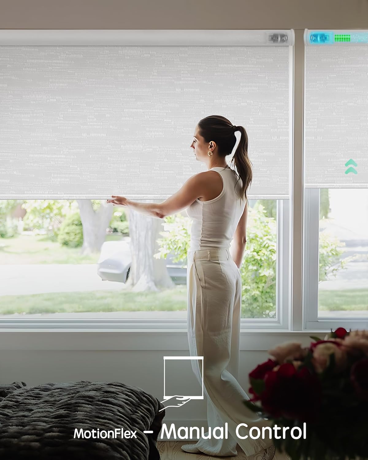 Yoolax Motorized Shades Dual Control, MotionFlex Motorized Roller Shades with App & Manual Control, Pull Down Automatic Shades for Indoor Windows, Custom Size(Blackout Jacquard White)