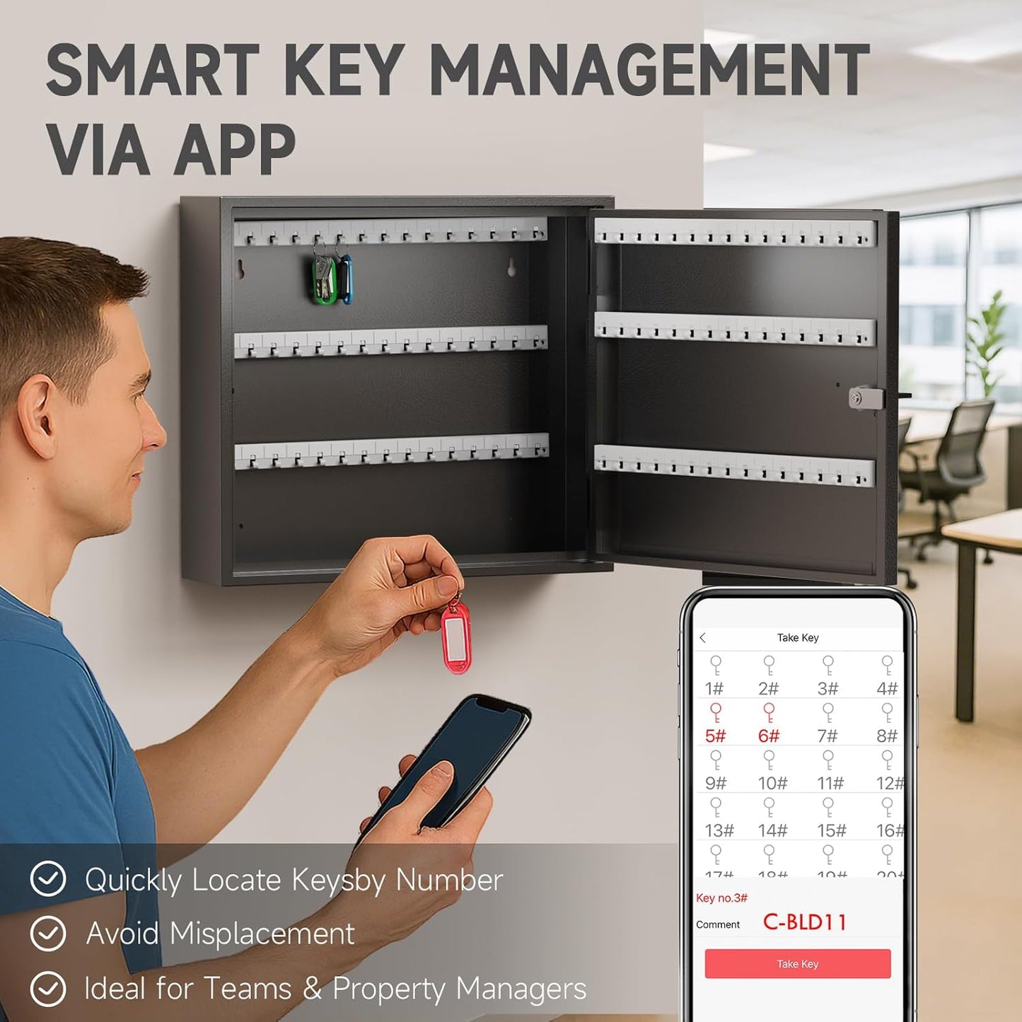 WeHere Key Lock Box for 90 Keys, Wall Mount Key Cabinet with Color Key Tags, Steel Key Storage Box with Lock, Key Holder Organizer for Home, Office, Apartment, Property Management