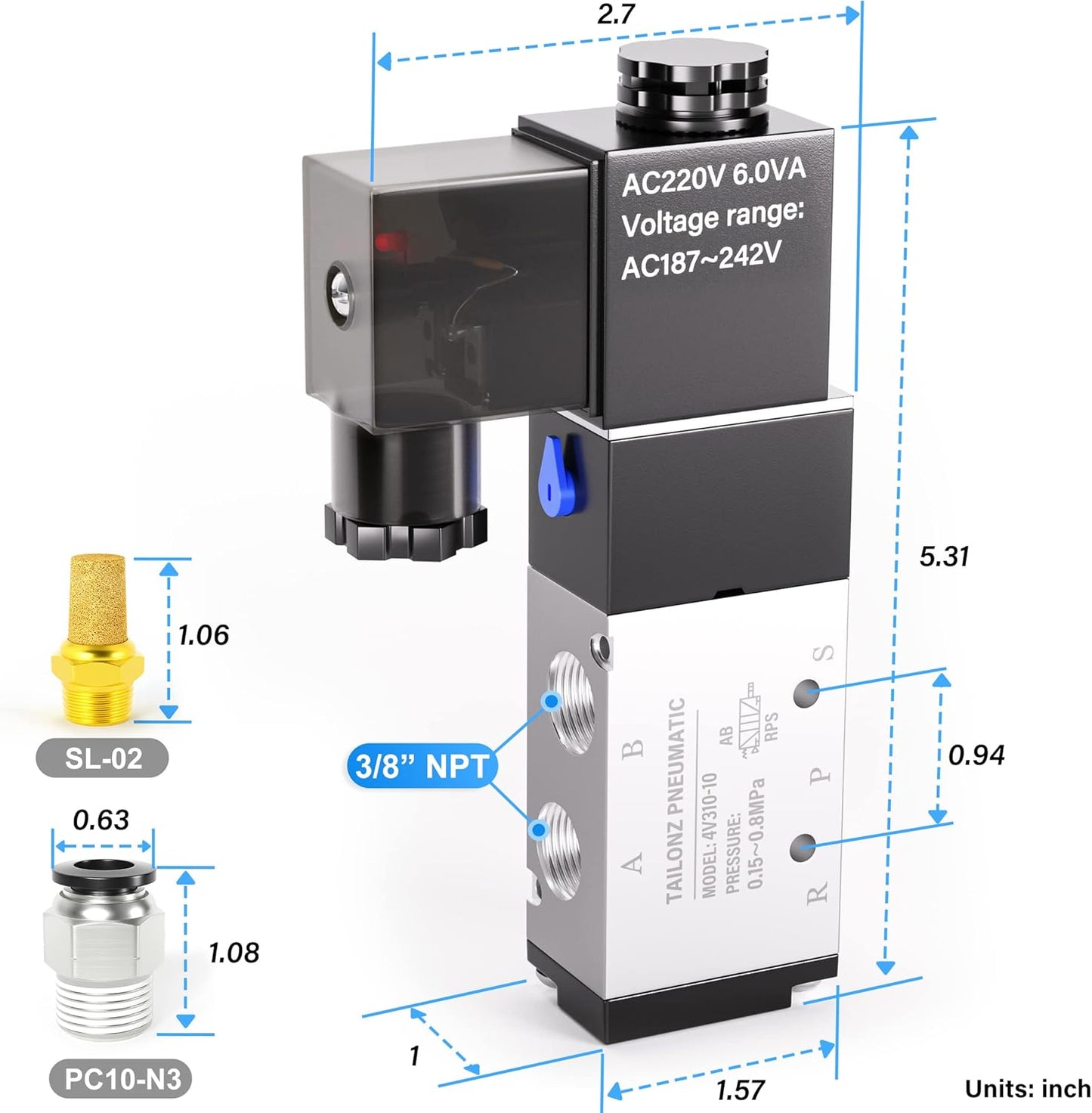 TAILONZ PNEUMATIC 3/8"NPT Solenoid Valve 4V310-10 AC220V Single Coil Pilot-Operated Electric 2 Position 5 Way Connection Type Junction Box