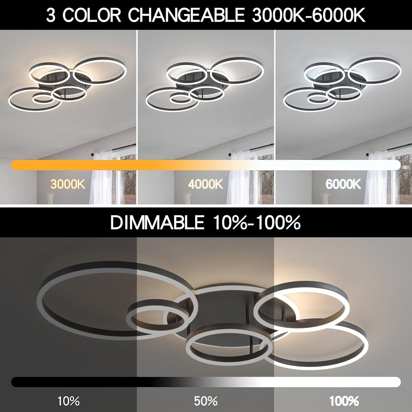 O'NEELDY Black Flush Mount Ceiling Light Dimmable Dining Room Light Fixture Round 6 Rings Modern LED Ceiling Light with Remote Control 47" Kitchen Lighting Fixture Ceiling Lamp for Living Room,Bedroom