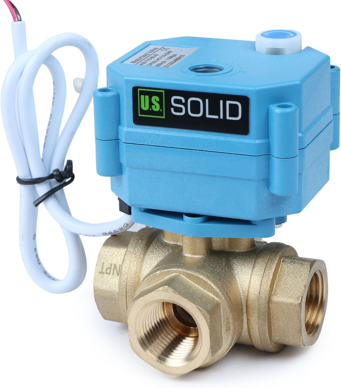 U.S. Solid 1/2" 3 Way Brass Motorized Ball Valve 110-230VAC, L Type Water Shutoff Valve with Manual Function, Standard Port, NOT for Drinking Water