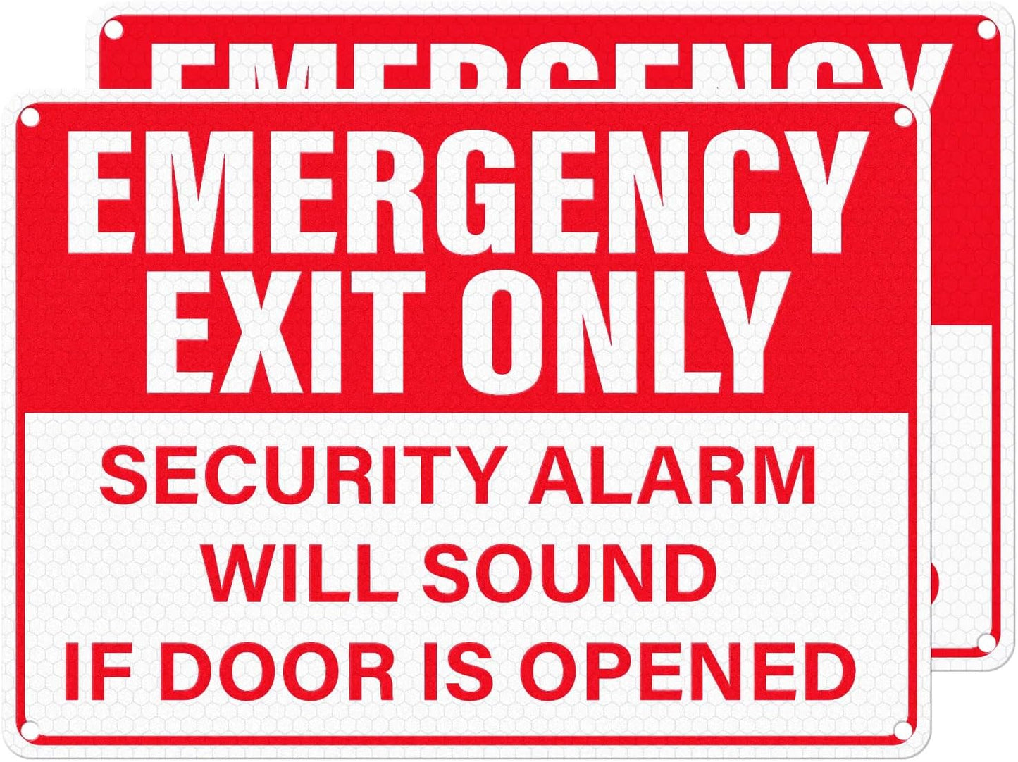 2 Pack Emergency Exit Only - Security Alarm Will Sound If Door Is Opened Sign 10 × 7 Inches Reflective Waterproof Aluminum Safety Signage with Pre-Drilled Holes for Workplace Warehouse