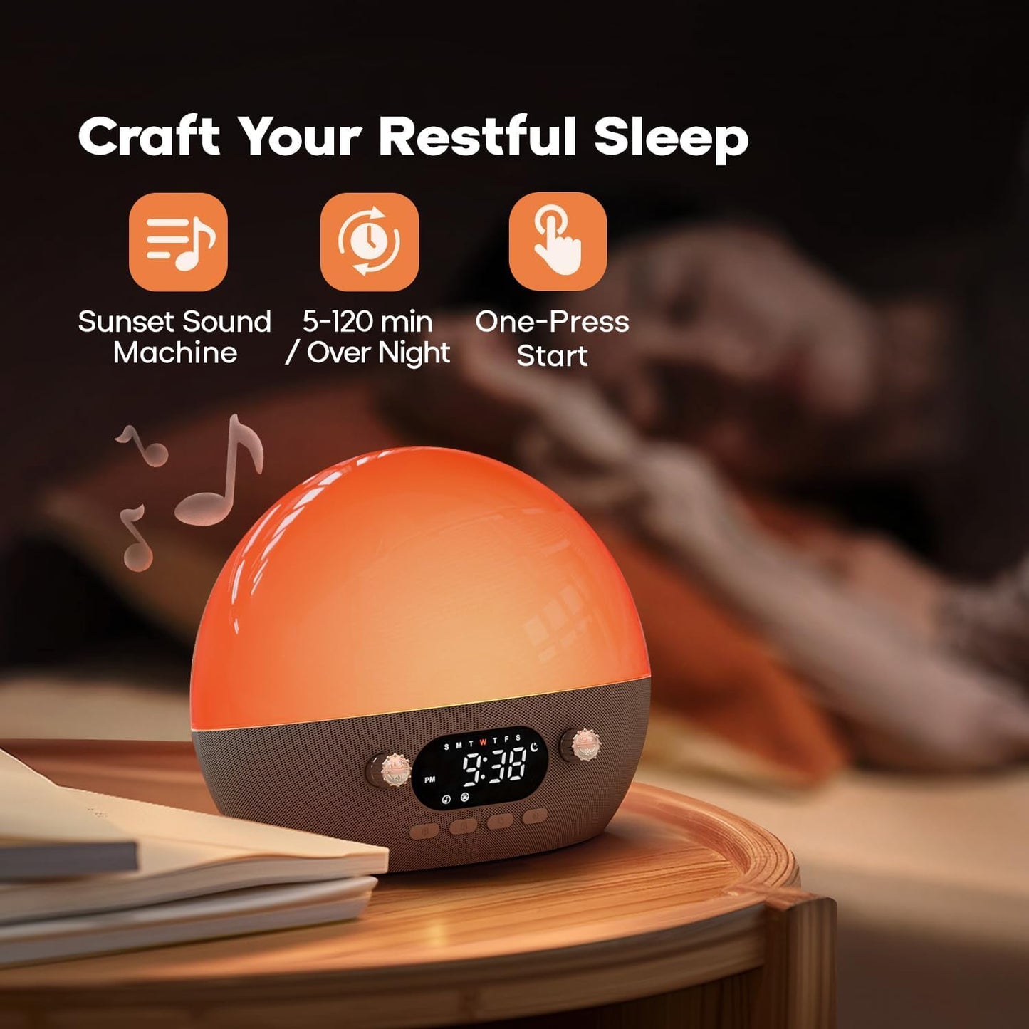Dekala RestOnn Sunrise Alarm Clock 7-Day Programmable Dual Alarm Clock with Sunset White Noise Sound Machine Natural Sounds Amber Night Light, Bluetooth Speaker, 3000mAh Battery Backup, App Control