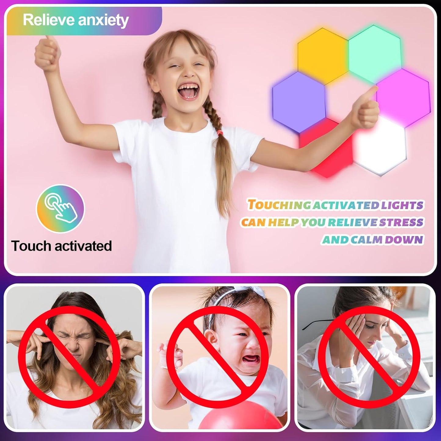 6 Pcs Hexagon Autism Lights LED Wall Panels Touch Sensitive Lights Visual Stimulation for Home Living Room Kids Bedroom Decor Autism Gift Adults