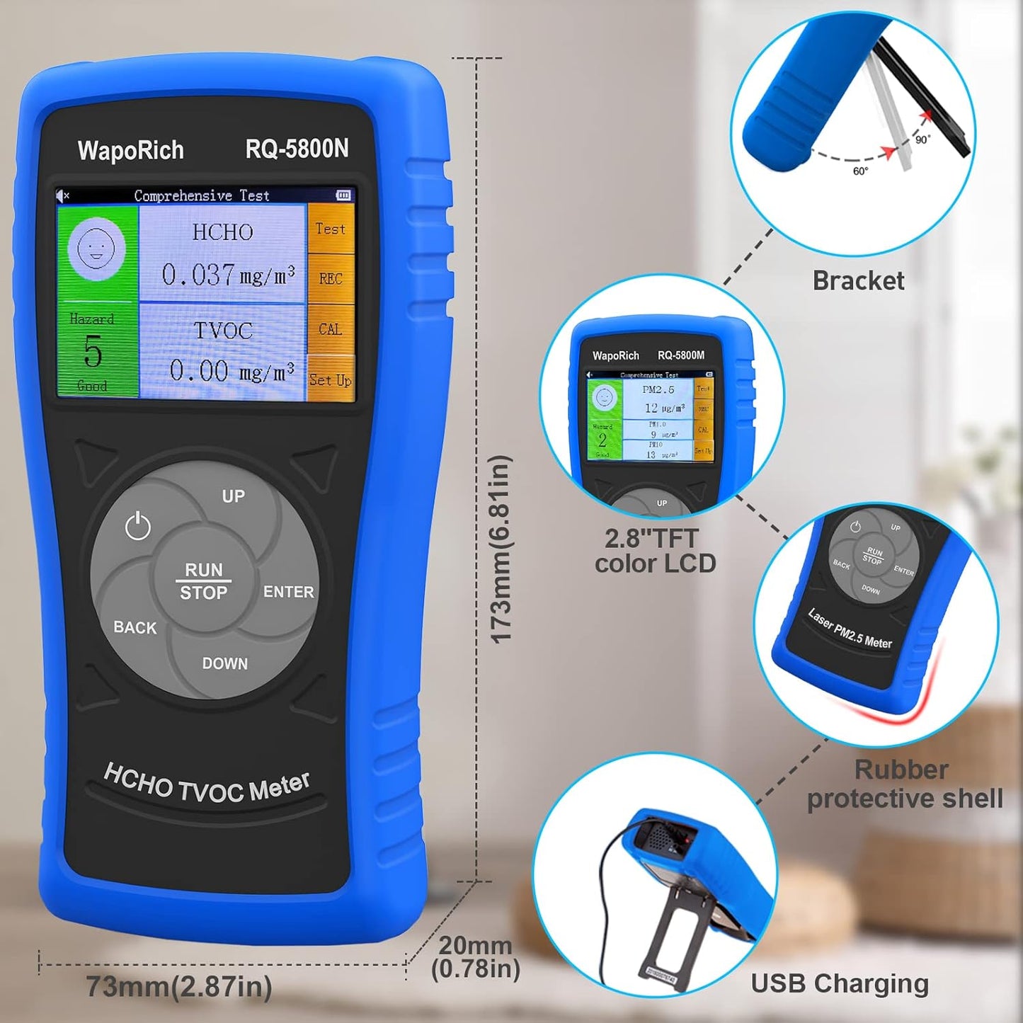 Air Quality Pollution Monitor, Formaldehyde Detector 0-2.50 mg/m3 Professional air Quality Tester Indoor TVOC, for Home Office and Various Occasions Colorful LCD Screen & USB Charging