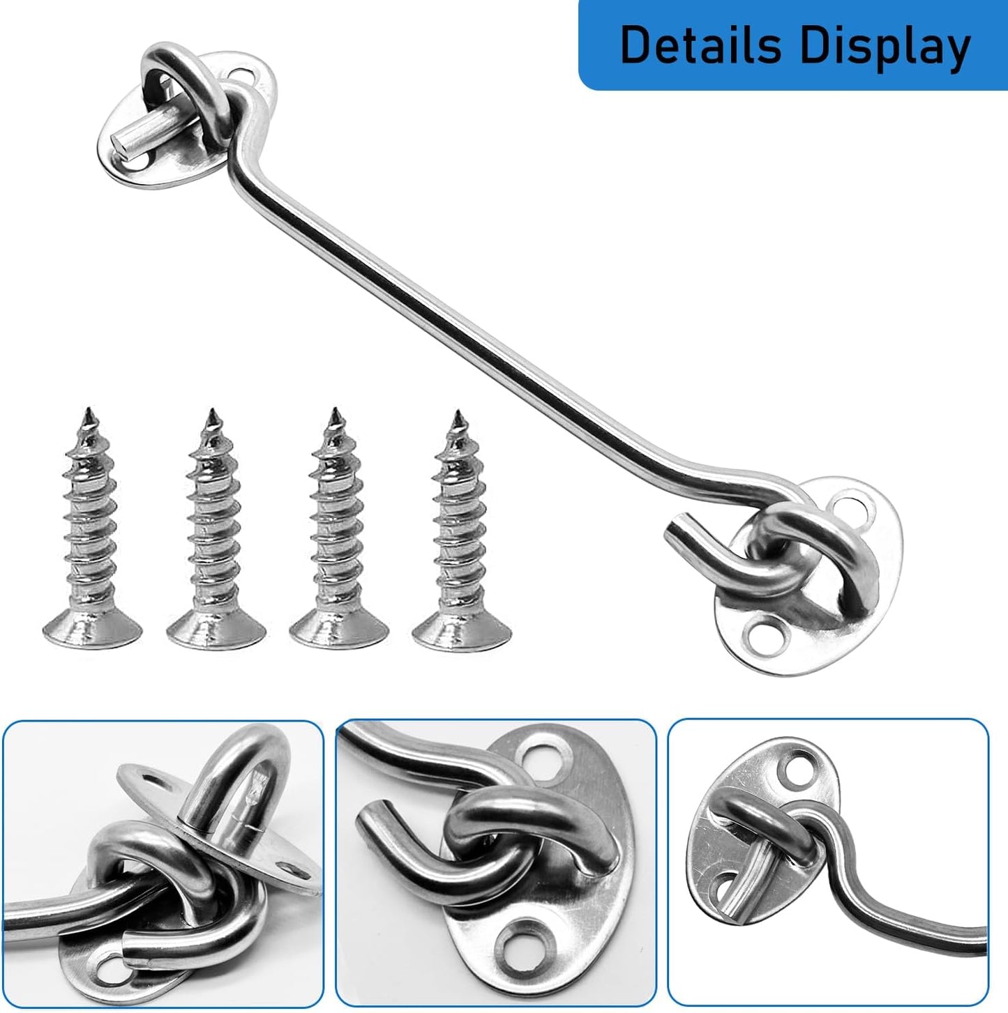 4 Pack 6" Hook and Eye Gate Latch, Stainless Steel Rust-Resistant Barn Door Lock Cabin Hooks for Gate Shutters Window Slide Barn Shed Cabinet Bathroom, with 16pcs Screw,Silver