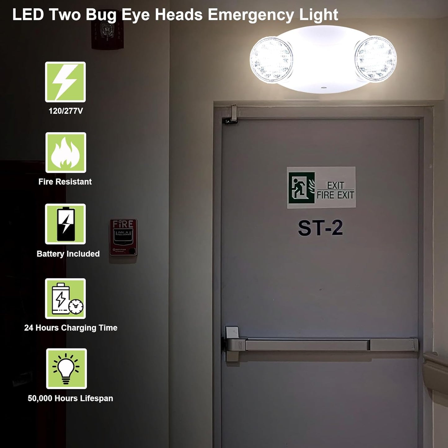 LIT-PaTH LED Emergency Lighting Fixtures with 2 LED Bug Eye Heads and Back Up Batteries- US Standard Exit Light, UL 924 and CEC Qualified, 120/277 Voltage, White, 2-Pack