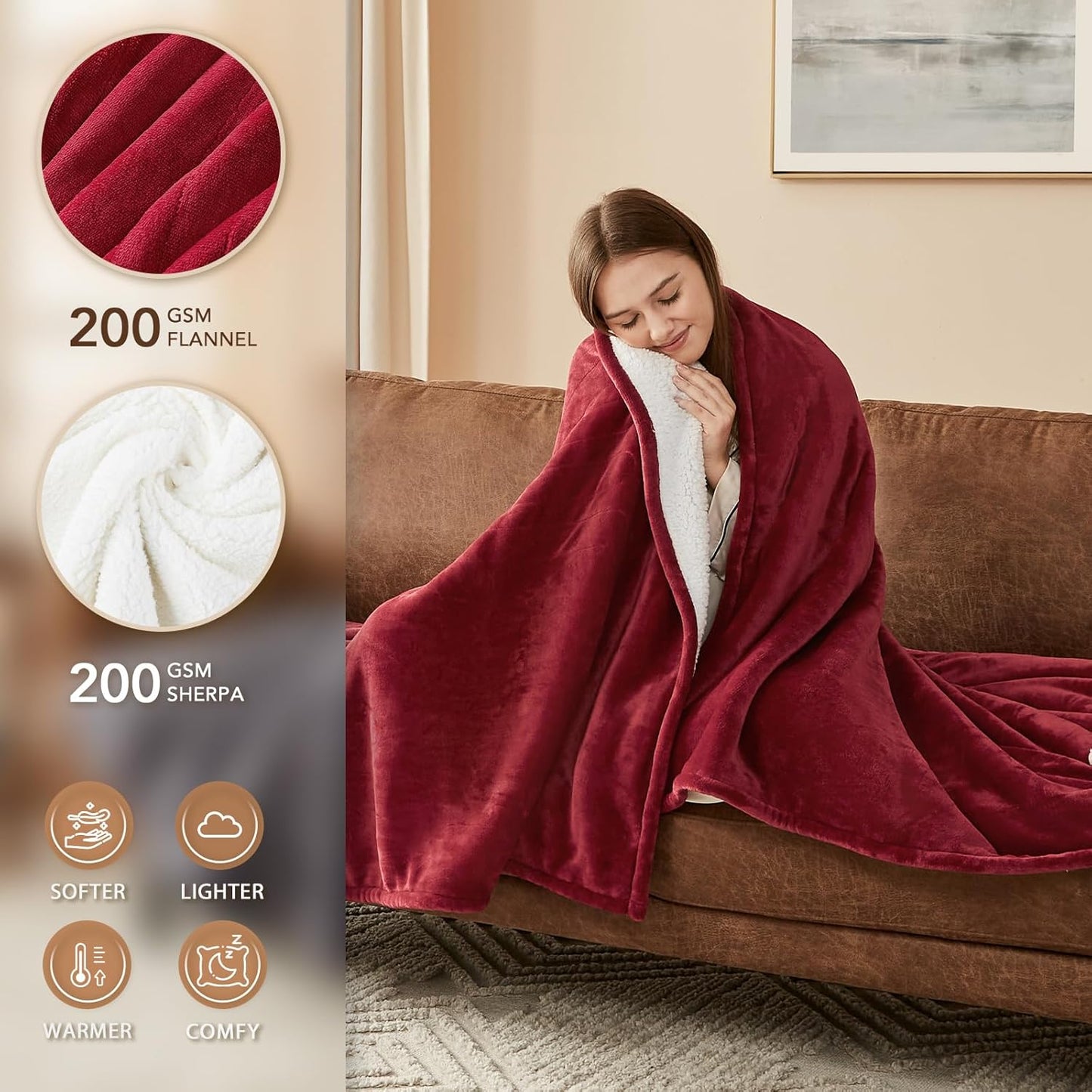 Homemate Electric Heated Blanket Queen Size - 84"x90" Heating Blanket Queen Size Dual Control 1/2/4/6/8 Hours Auto-Off 10 Heat Level Over-Heat Protection Flannel Sherpa ETL Certification