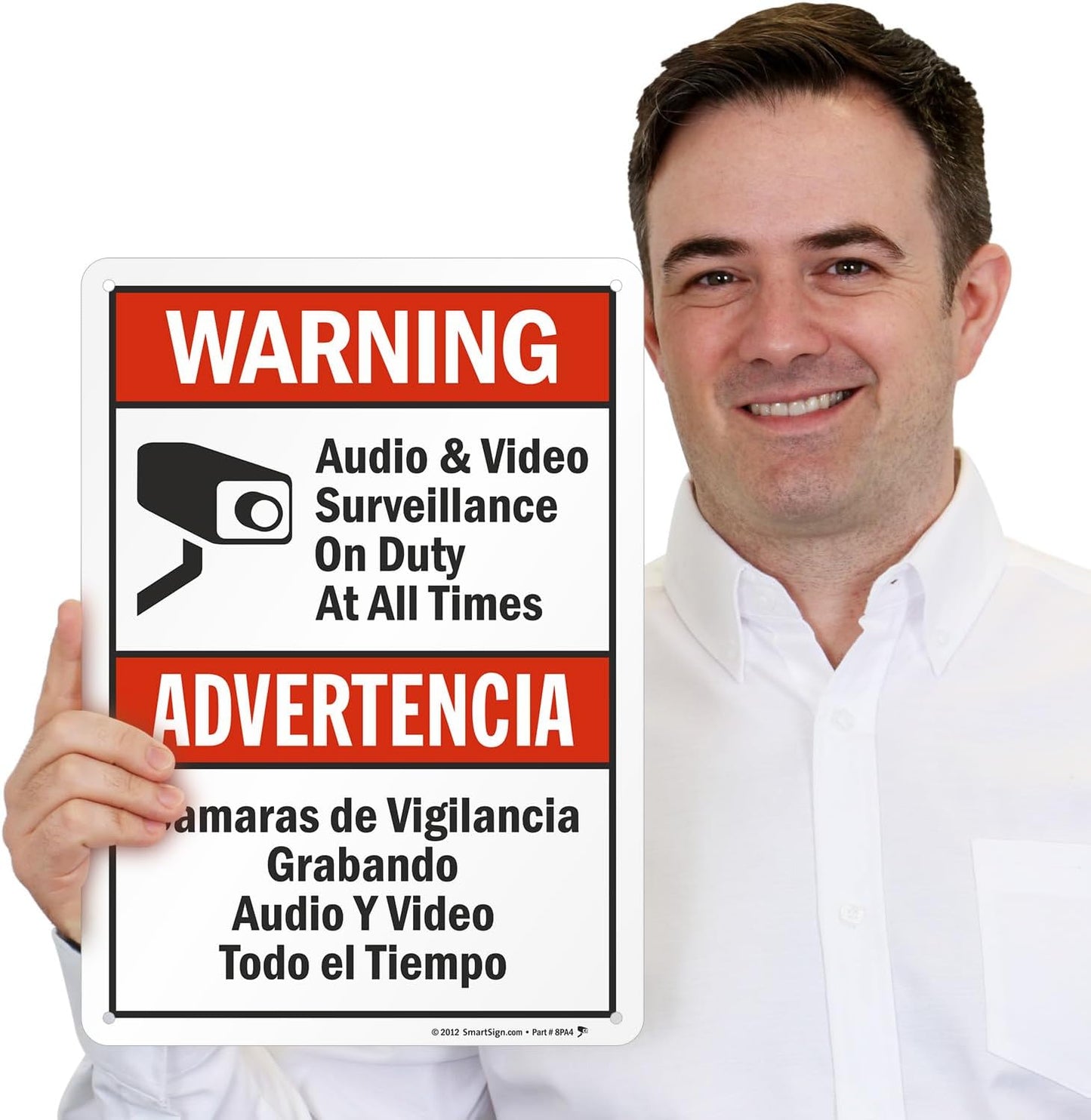 SmartSign-S-9392-AL-14 Warning - Audio & Video Surveillance On Duty At All Times Bilingual Sign By | 10" x 14" Aluminum - Black/Red on White