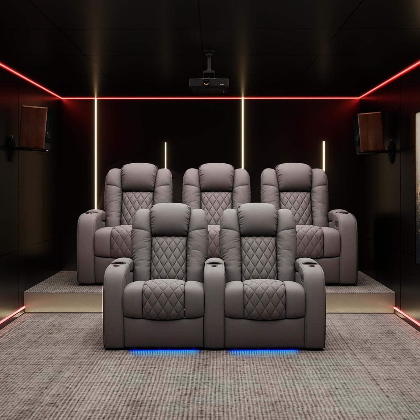 Weilianda Home Theater Seating Top Grain Leather Recliner Chair Power Headrest and Recline Movie Seats Gaming Sofa with Tray Table Type-C USB Charge Cup Holders Row of 1 Grey