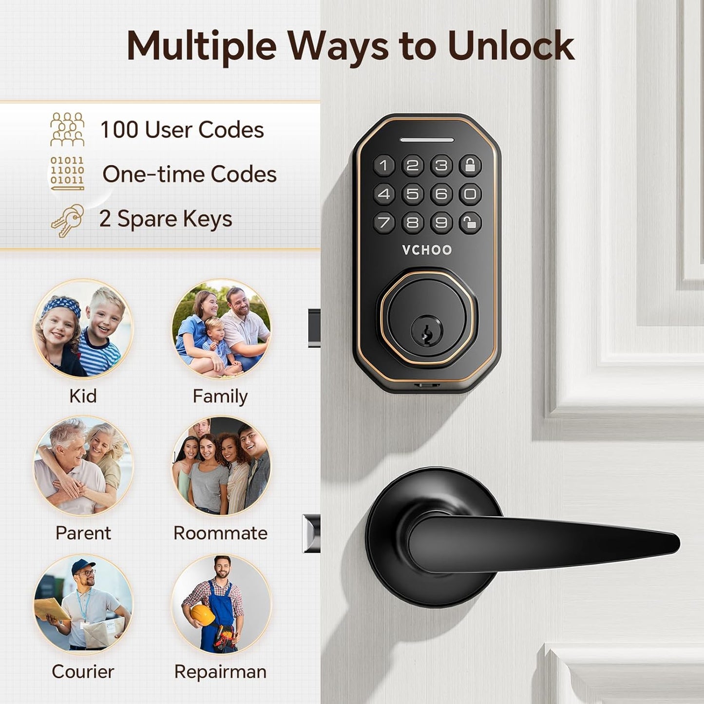 Keyless Entry Door Lock Set Smart Locks for Front Keypad Door Lock with Handle Automatic Lock One Time Password Anti Peeping Password IP54, Bronze