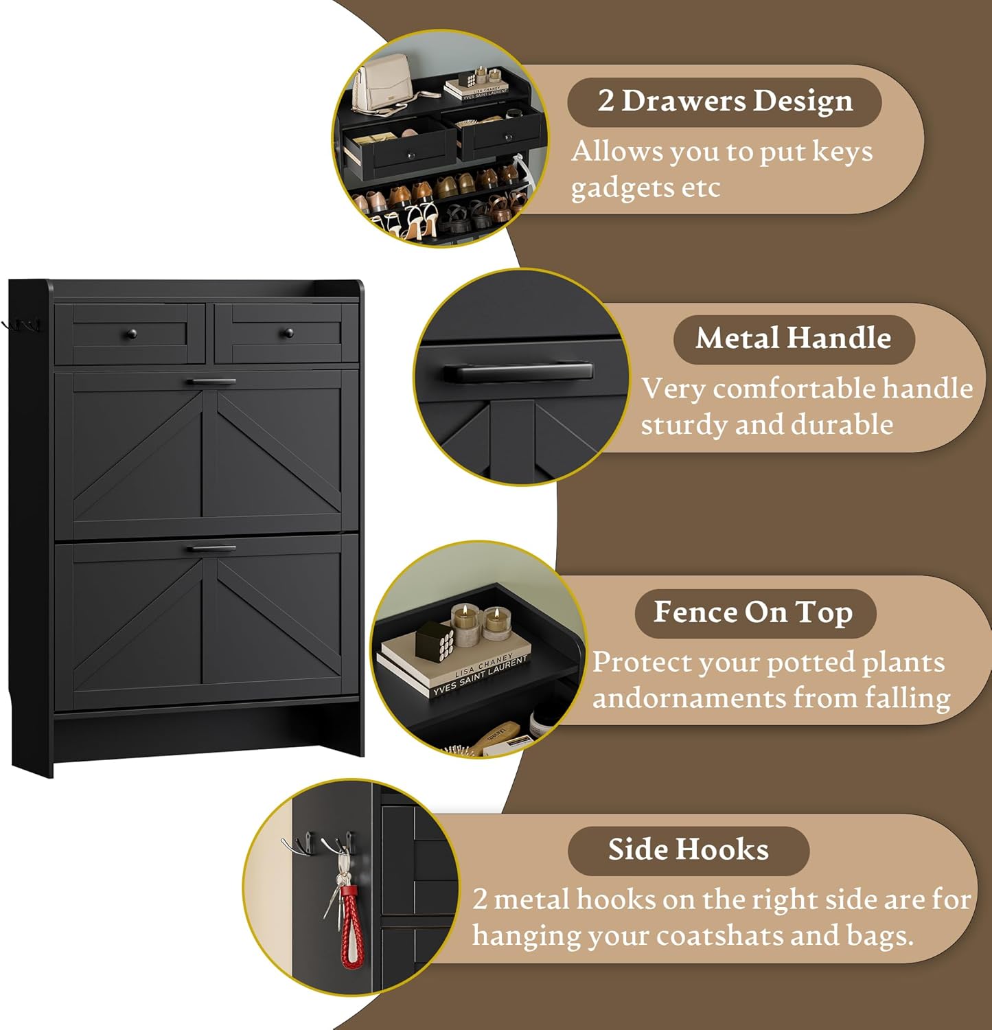 Shoe Storage Cabinet for Entryway, Farmhouse Narrow Shoe Cabinet with 2 Flip Drawers & Top Drawers, Adjustable Shelves & Hooks, Freestanding Hidden Rack Organizer for Hallway, Foyer