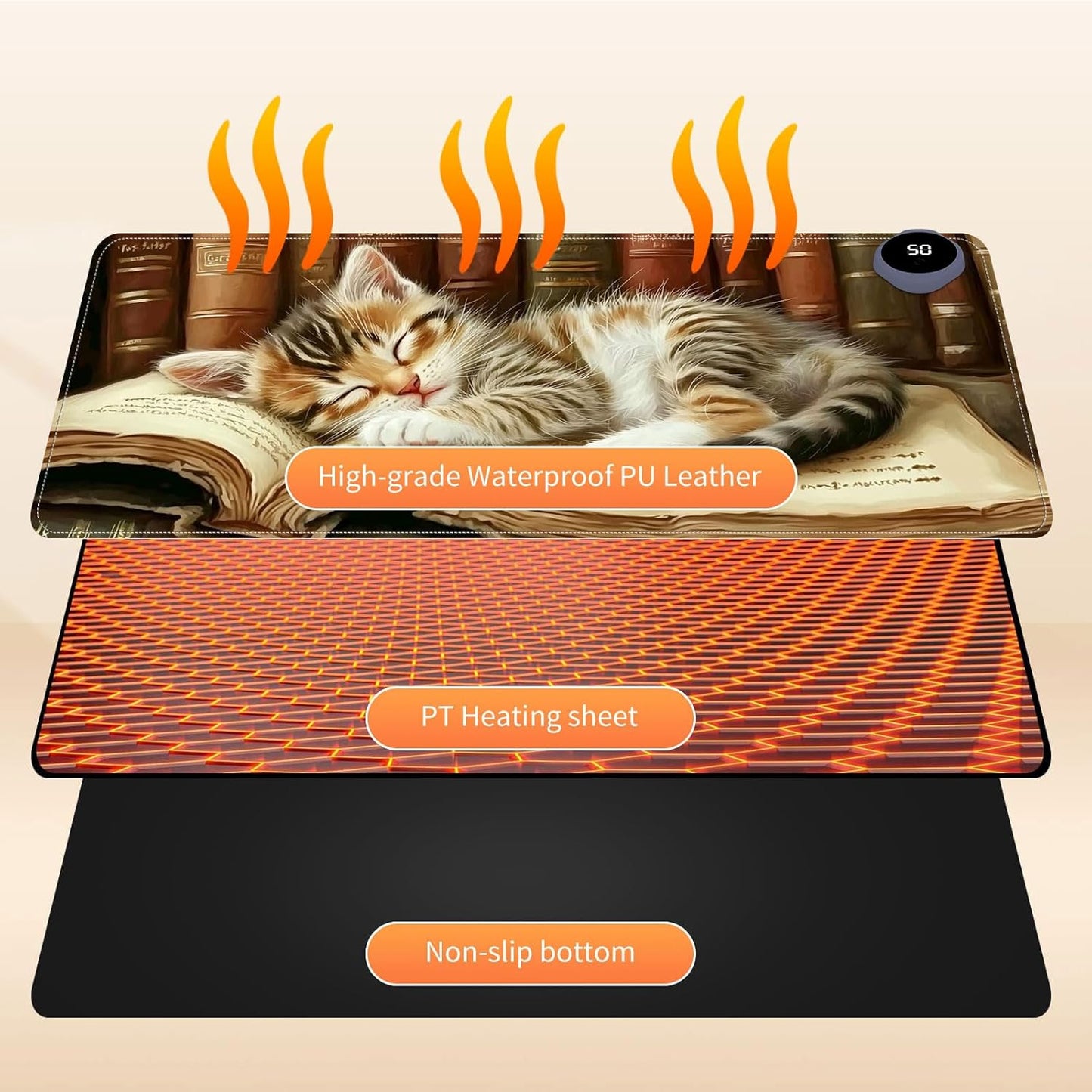 Heated Mouse Pad for Desk 31.5" x 13" – PU Leather Warm Desk Pad with 3 Heat Levels (104°F/113°F/122°F), Plug-in Electric Heating Mat with Auto Shut-Off, Waterproof & Rollable, Kitten on Book
