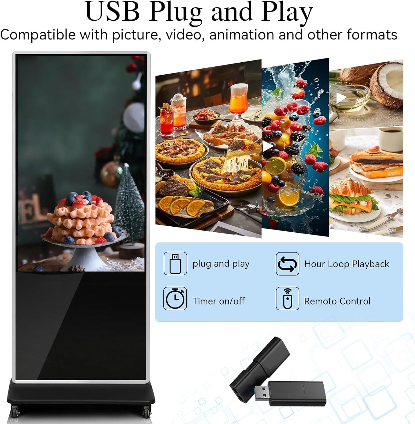 55" 4K LCD Touchscreen Digital Signage Display, Indoor Floor Standing Advertising Player, Commercial Digital Signage Kiosk with Auto AD Player, HDMI WiFi Bluetooth Input, Android 12.0 Black