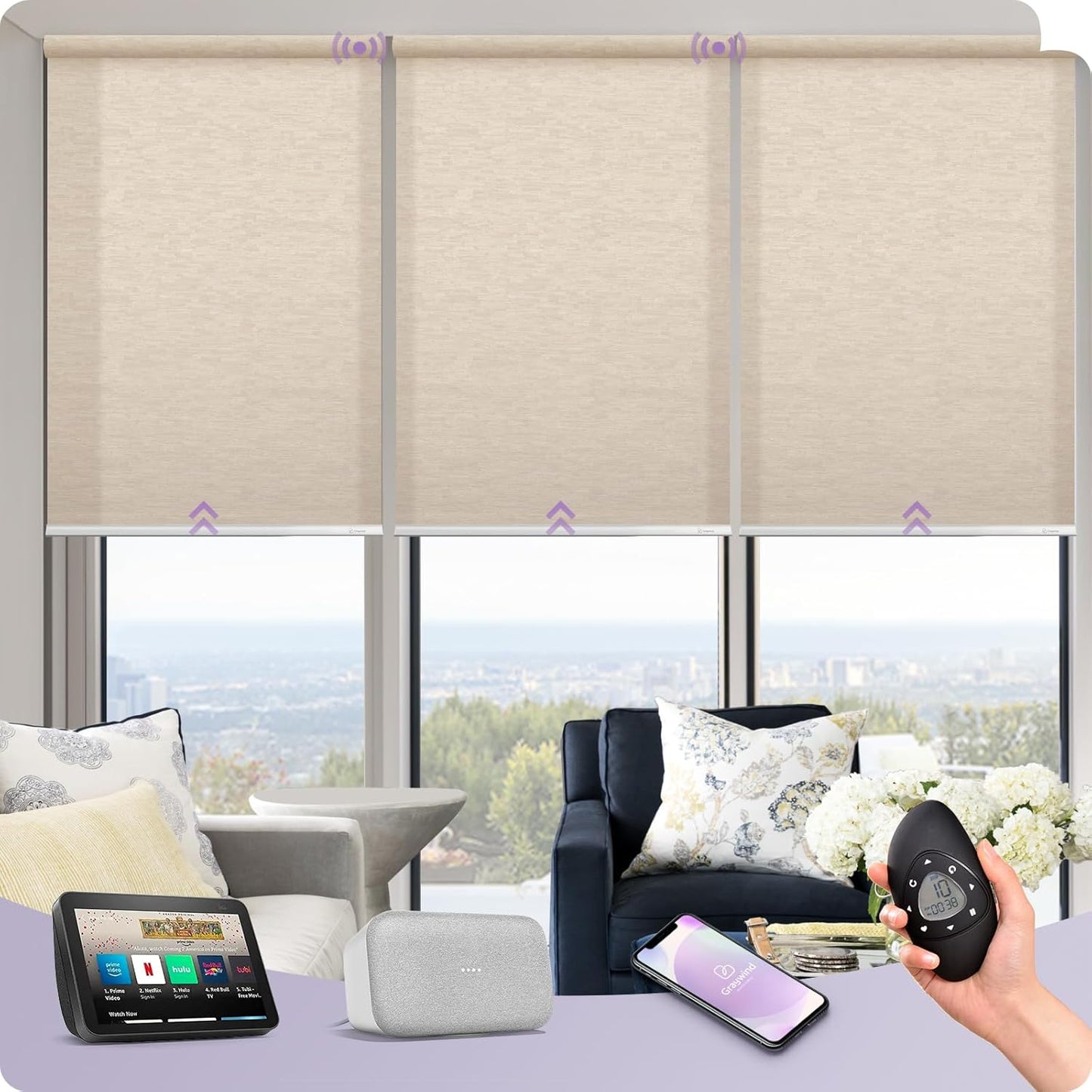 Graywind Motorized Light Filtering Shades Compatible with Alexa Google Rechargeable Remote Control Smart Blinds Automatic Window Shade with Valance for Home Office, Custom Size (Jacquard Coffee)