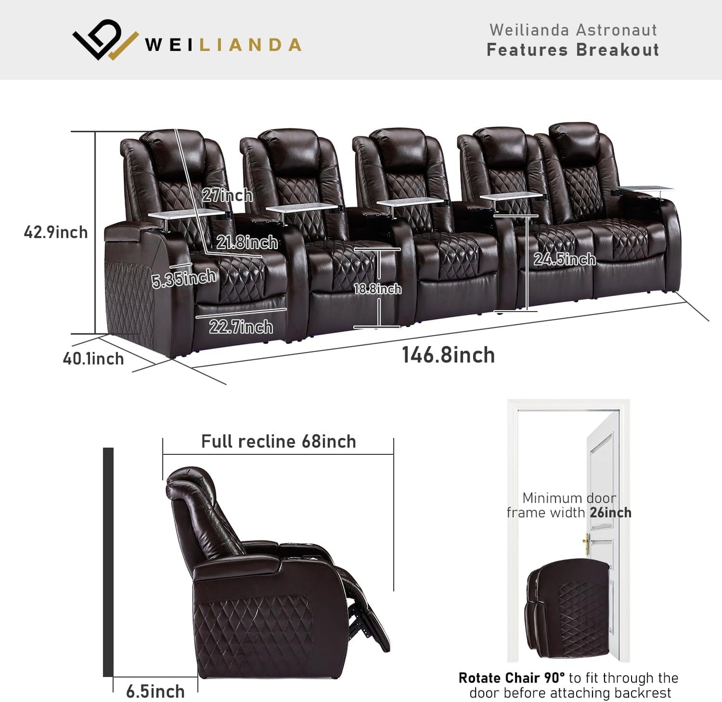 Weilianda Home Theater Seating Top Grain Leather Zero Gravity Recliner Chair Power Headrest Recline Movie Seat Gaming 7 Colors Mood Light Sofa with Tray Table USB Charge Row of 5 Loveseat Right Brown