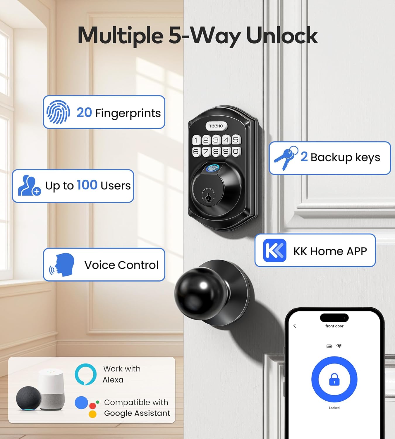 TEEHO TE012W-K WiFi Smart Keyless Entry Door Lock with Handle, Fingerprint Door Knob & Digital Keypad, APP Remote Control, Works with Alexa & Google, Electronic Deadbolt for Front Door, Matte Black