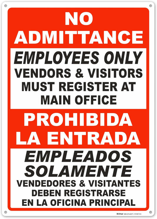 Brimar - 10" x 14" - Bilingual Vendors & Visitors Must Register Sign - .040″ Rust-Free Aluminum - High Visibility - Easy Installation
