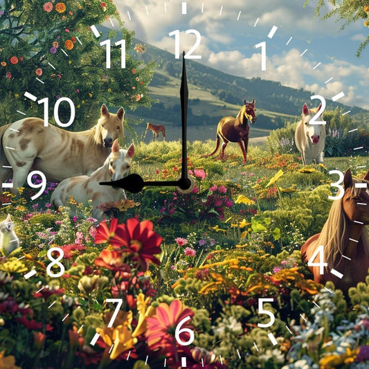 10 in Garden Cats and Horses -266 Wood Wall Clock – Digital Time Display, Smart Home Compatible for Bedside or Workspace