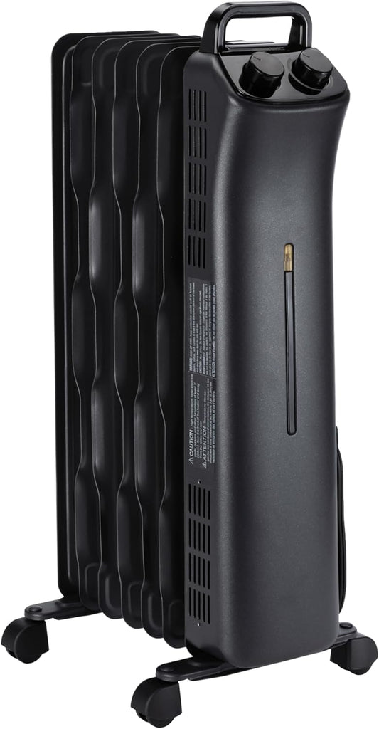 Amazon Basics Oil Space Heater, Portable Radiator Heater with 7 Oil-Filled Fins for Indoor Use, 3 Heat Settings, Thermostat, Tip-Over Protection, ETL Safety Certificate, Manual Control, 1500W, Black