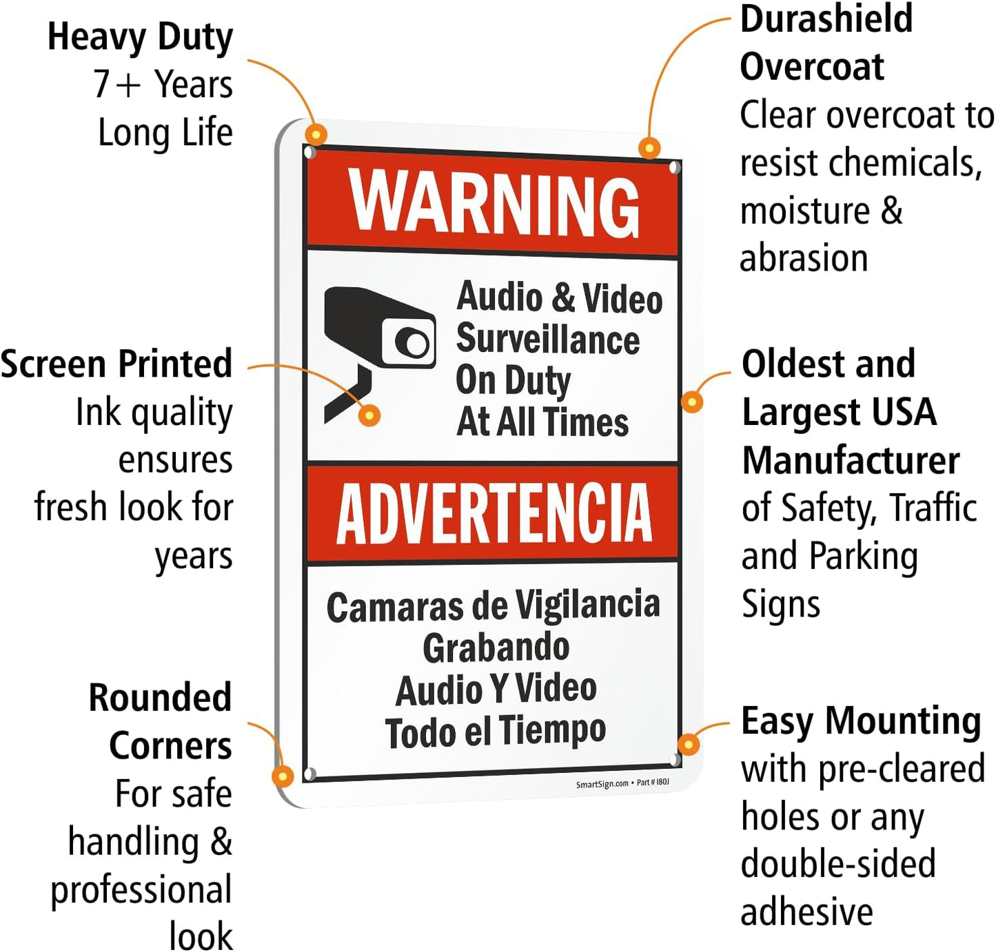 SmartSign 2-Pack 'Warning Audio And Video Surveillance On Duty At All Times' Bilingual Sign - 7" x 10", 40 mil Laminated Rustproof Aluminum Metal, Red, Black and White, Fade-Resistant, Made in USA