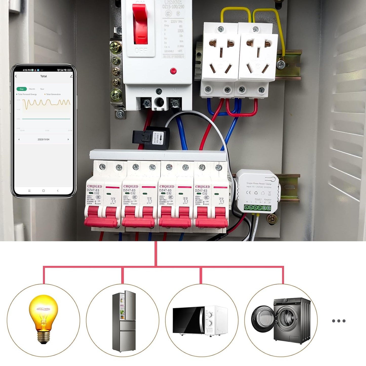 Smart Energy Monitor, Single Phase Clamp Electricity Meter with 1 * 80ACT Current Transformer, WiFi, Real-Time Electricity Monitor/Meter, Solar/Network Metering