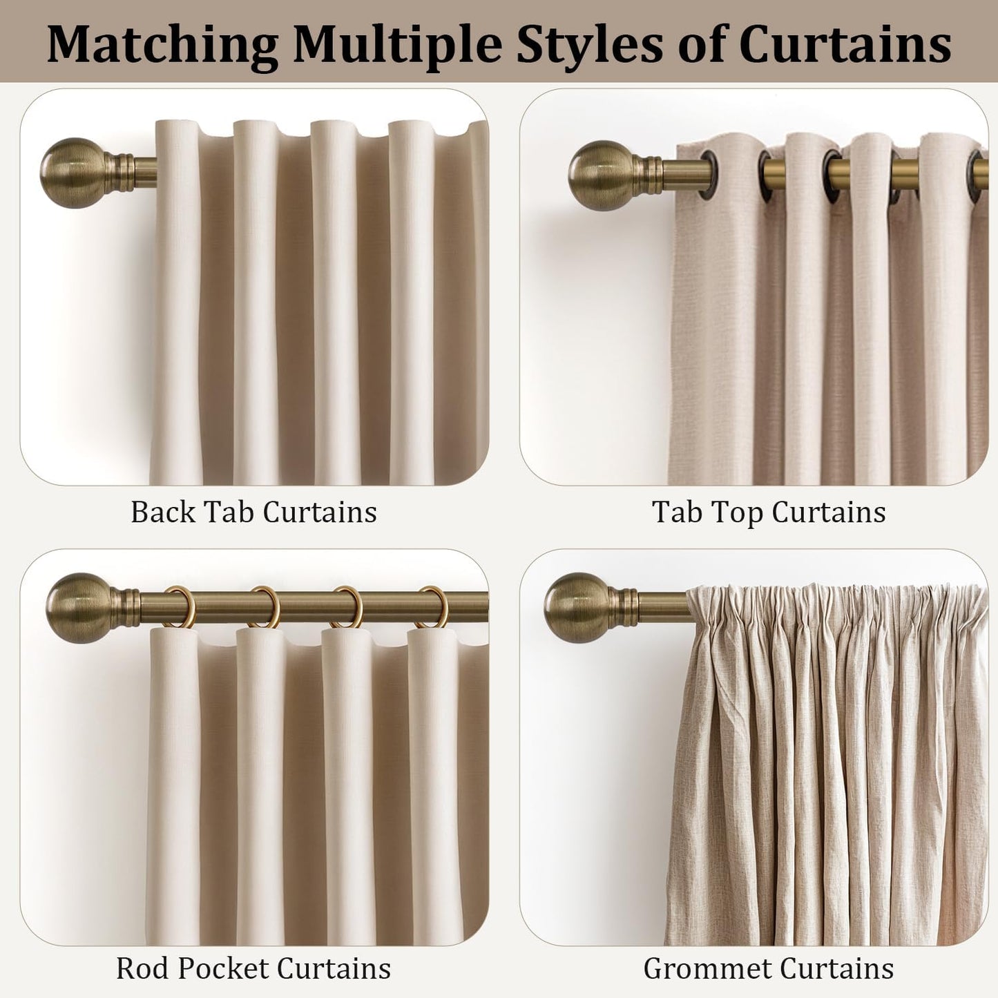 Antique Bronze Curtain Rods for Windows 28 to 48 Inch 1" Diameter Adjustable Heavy Duty Brass Window Curtain Rod with Metal Finials for Living Room Bedroom Farmhouse Kitchen Outdoor