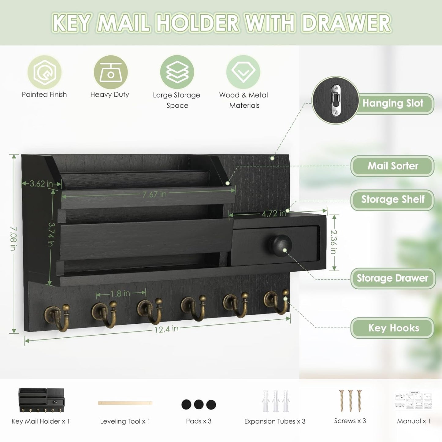 VIS'V Key Holder Wall Mount, Wooden Mail and Key Organizer with Drawer and Shelf, 2 Slots, 6 Hooks, Black