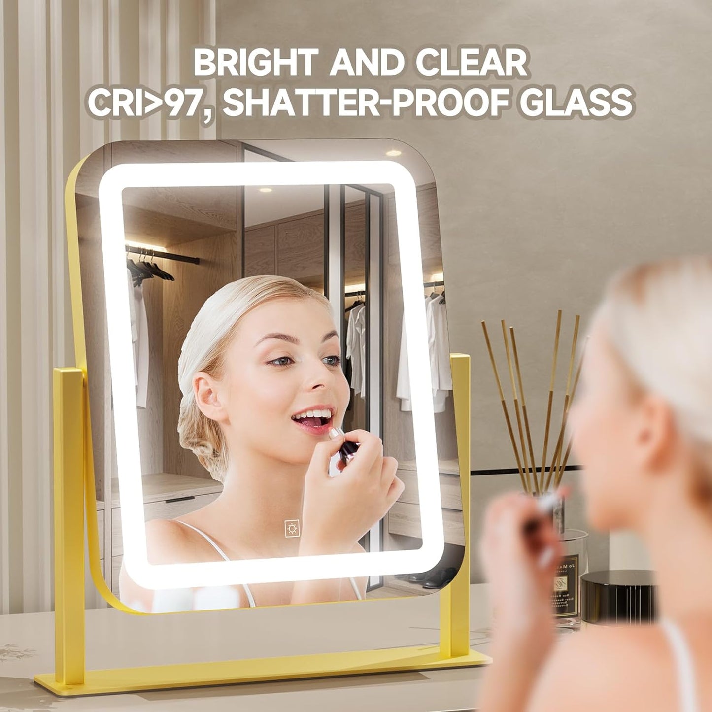 PRIMETEK Vanity Mirror with Lights, 16"x14" Large LED Lighted Makeup Mirror, Hollywood Makeup Mirror, Touch Screen, 3-Color Lighting, 5X Magnification, for Vanity Desk Tabletop, Bedroom, Gold