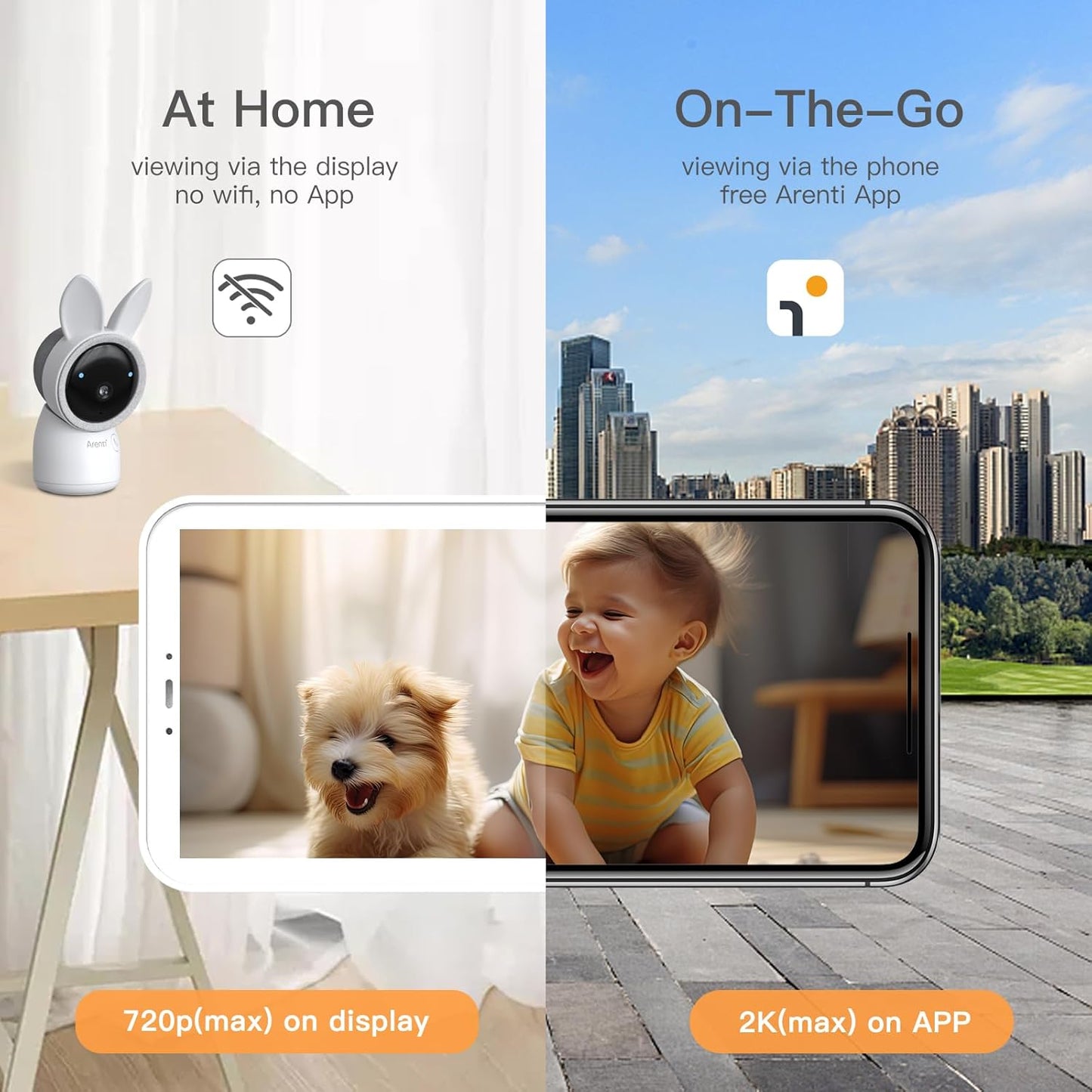ARENTI Baby Monitor, 2K Smart Baby Camera with 5-Inch Upgraded Wireless Display, Super Night Vision, Lullabies, Cry & Motion Detection, Temp & Humidity Sensor, Two Way Audio