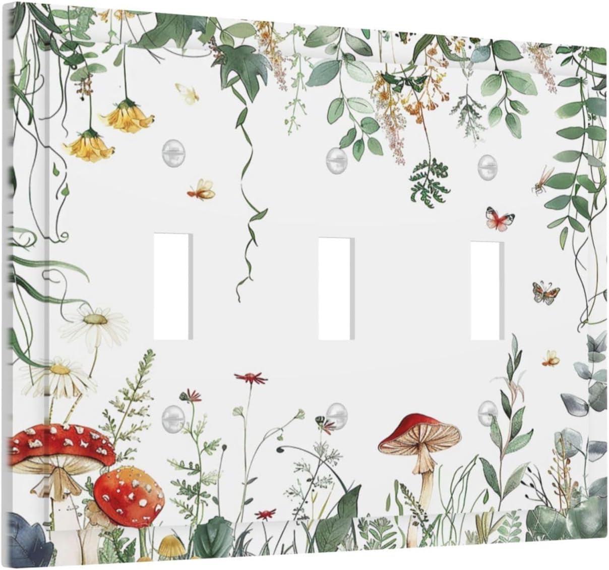 Decorative Switch Plates Sage Plant Red Mushroom Butterfly Wild Flower 3 Gang Wall Plate Triple Toggle Light Switch Cover Faceplate Electrical Wall Panels For Bed Room Kids Room Decor