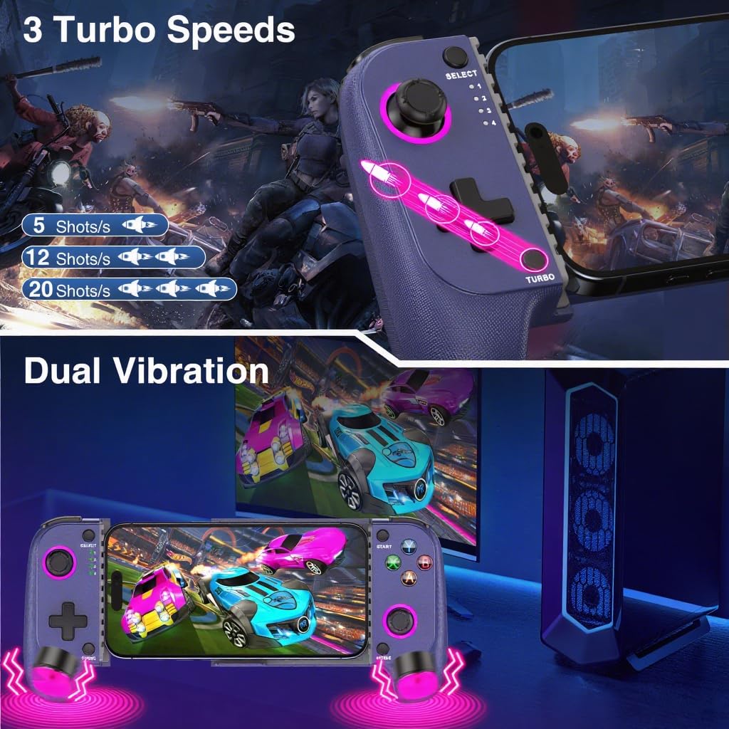 NealGamefy Phone Controller for iPhone/Android - Mobile Gaming Controller with Hall Effect Joystick, Phone Case Support,Turbo Function, Dual Vibration- Phone Controller Compatible with More Games