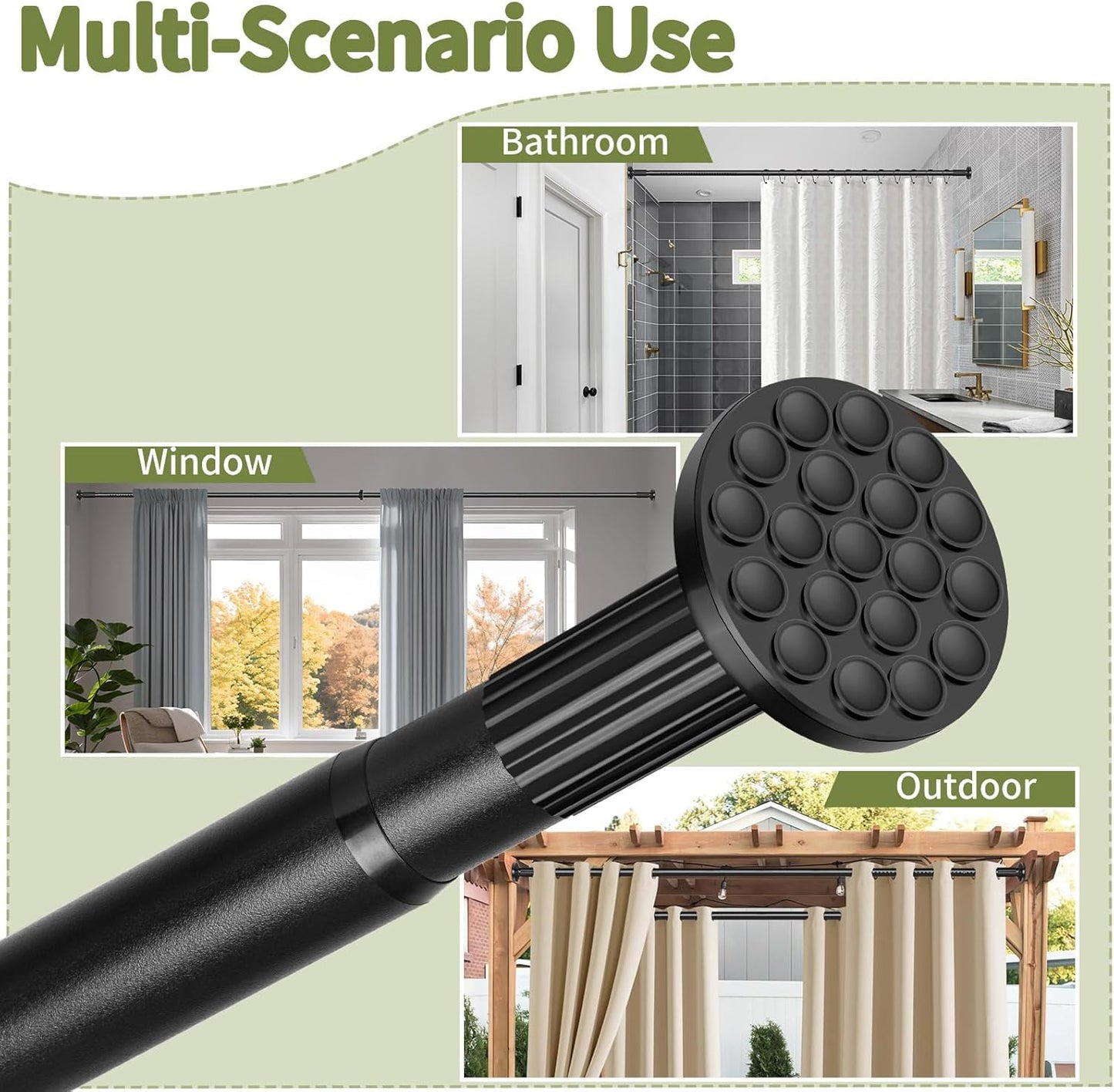 Tension Shower Curtain Rod 51-86In(4.25-7.16Ft), Tension Shower Rod No Drilling for Bathroom or Window Closet, Adjustable Spring Shower Rod, Easy to Install Never Rust, Rod Diameter 1.26Inch-Black