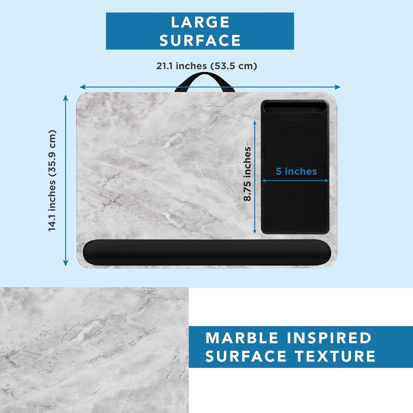 LAPGEAR Home Office Pro Lap Desk with Wrist Rest, Mouse Pad, and Phone Holder - White Marble - Fits up to 15.6 Inch Laptops - Style No. 91591