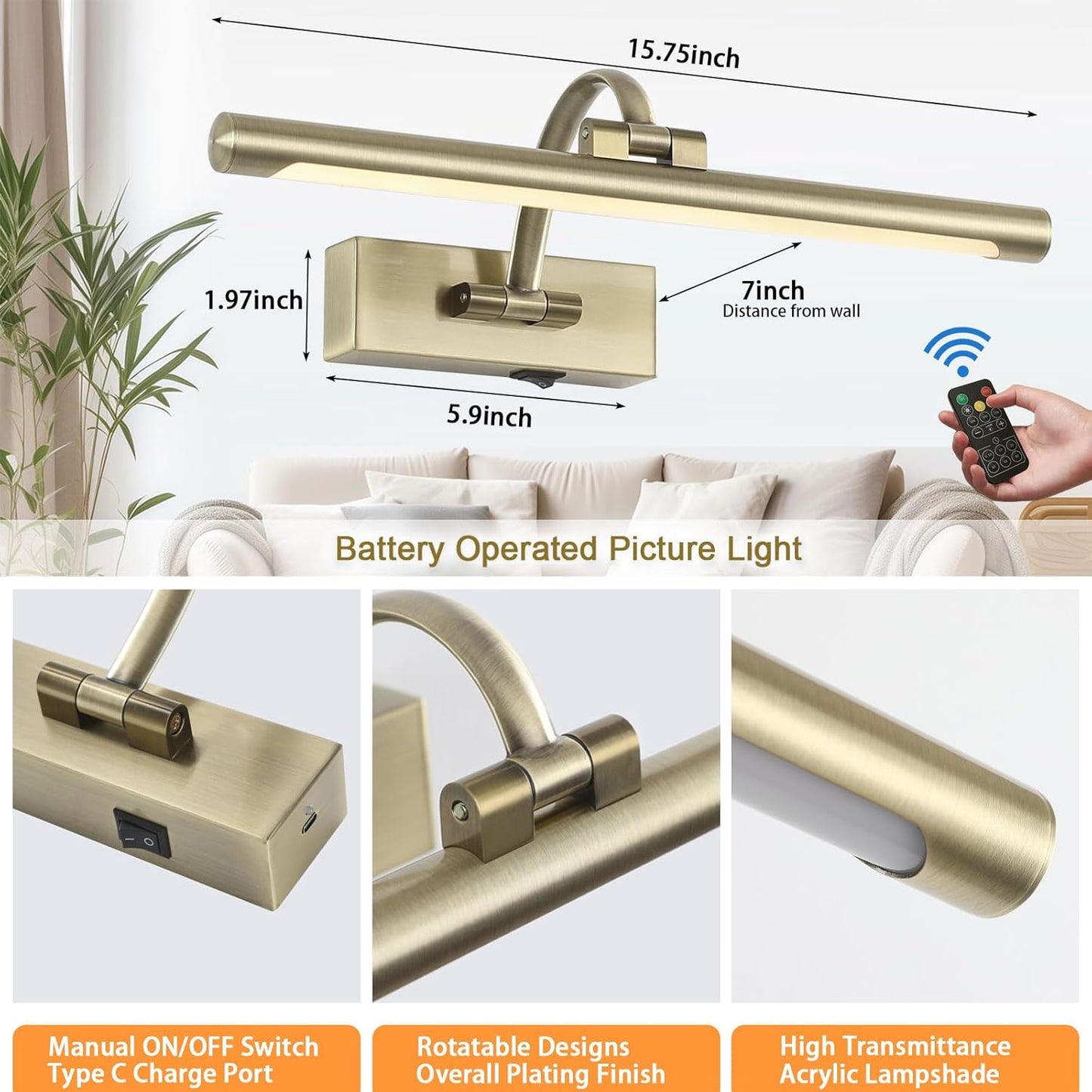 LED Picture Lights for Wall Rechargeable, Battery Operated Art Light for Paintings Wireless,15.7inch Antique Bronze Gallery Light for Artwork