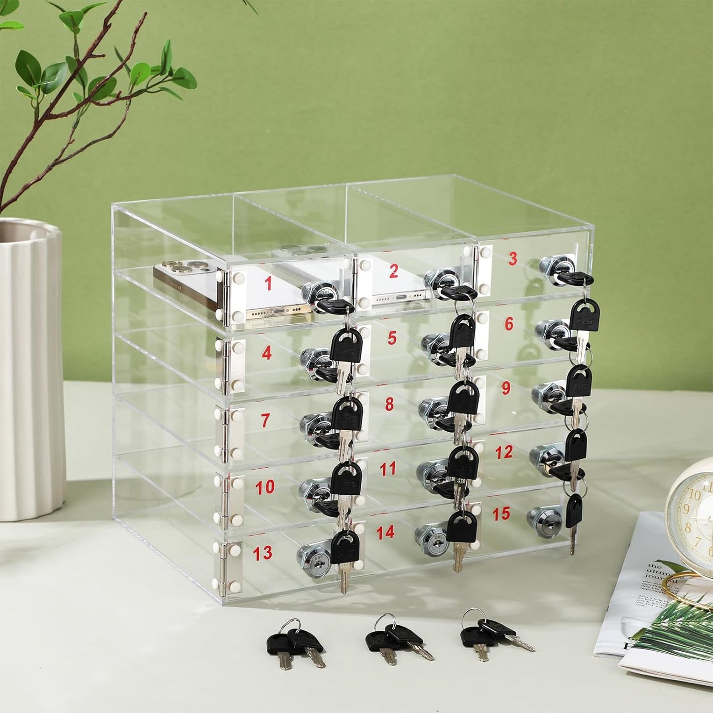 Layhit 15 Slots Cell Phone Locker Box for Classroom Clear Acrylic Cell Phone Storage Cabinet Bin with Door Locks for Classroom School Students Office Factory Employees