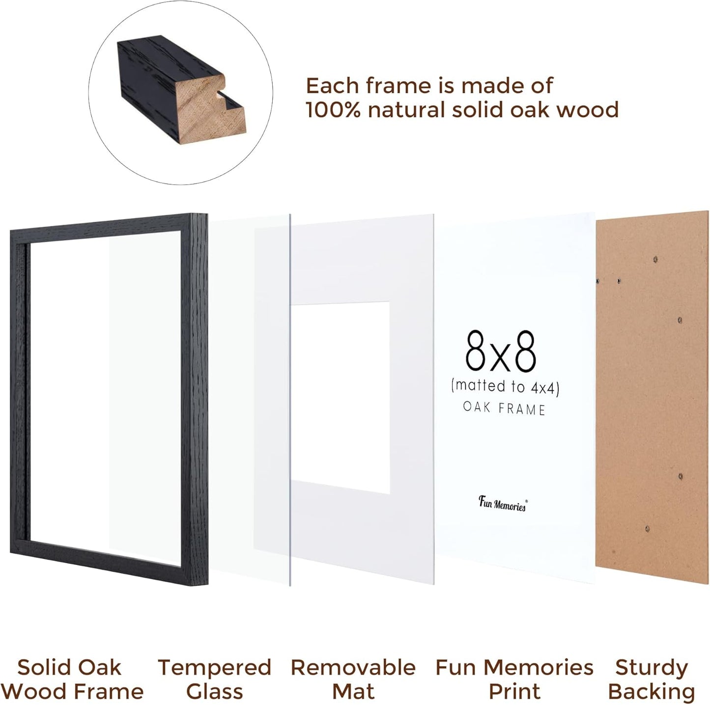 Fun Memories 8x8 Oak Wood Picture Frame in Black, 8"x8" Photo Frame for Wall, Square Frames 8x8 with Stand for Tabletop Display, Real Tempered Glass, 8 x 8 Picture Frames (Black Color, 1 Pack)