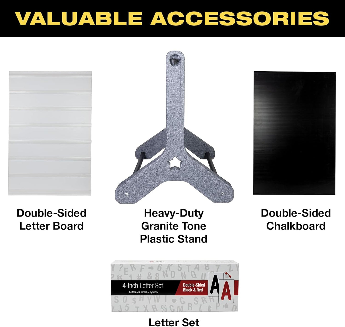 Swinging Changeable Message Sidewalk Sign: 24" x 36" Sign with 792 Pre-Cut Double Sided Letters and Storage Box. Includes Black Board & Letter Board (Granite Color Legs)