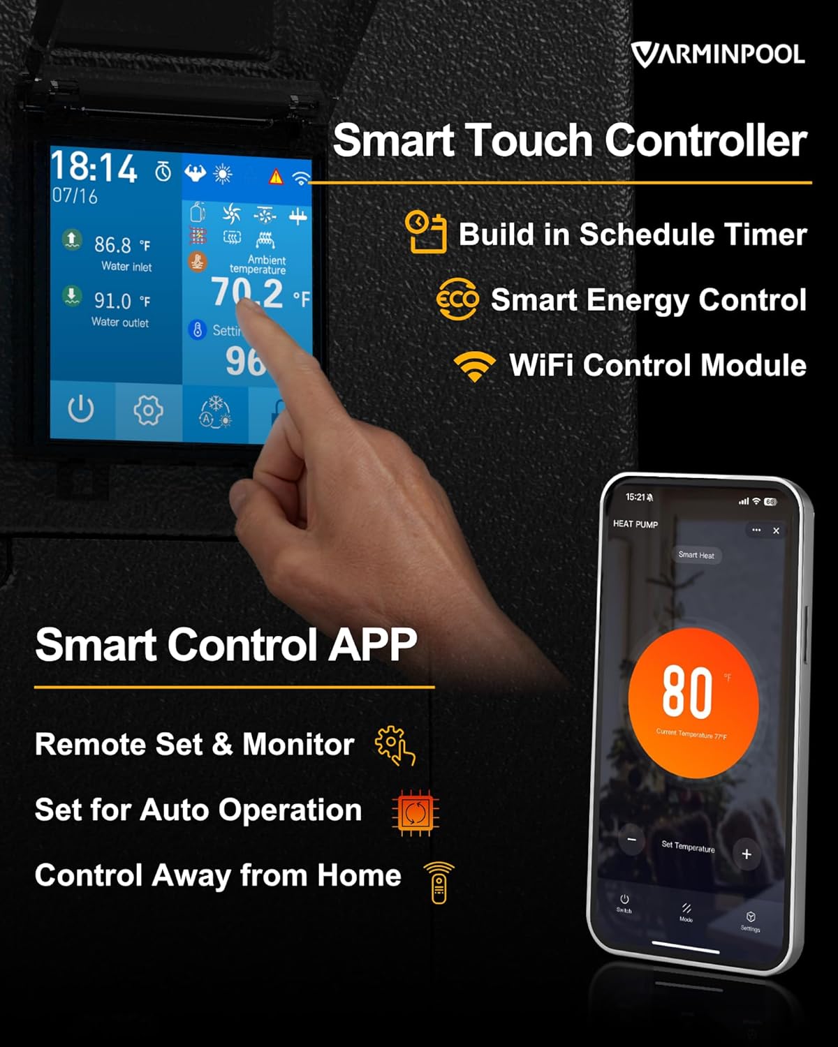 Pro Invert 58000BTU Smart Electric Pool Heater for 18000 Gals Above Ground and Ingroud Pools, Heat Pump with WiFi Capable & Timer Function Controller, Heat&Cool, 220V