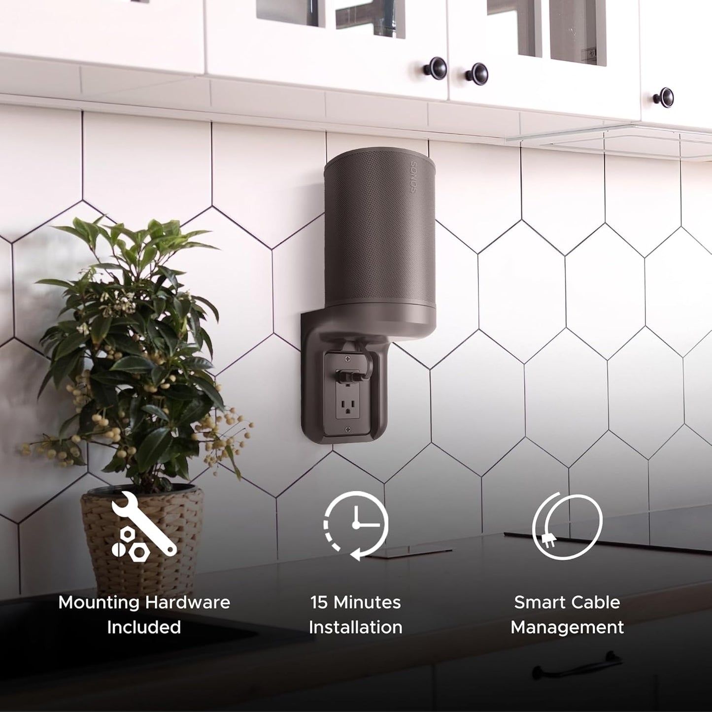 Sound Bass ERA100 Shelf Wall Outlet AC, Black, Home, Compatible with Sonos ERA 100, Plug Mount Organizer, Bathroom, Kitchen, Bedrooms, Cord Management, Easy Installation, Mounting Kit Included
