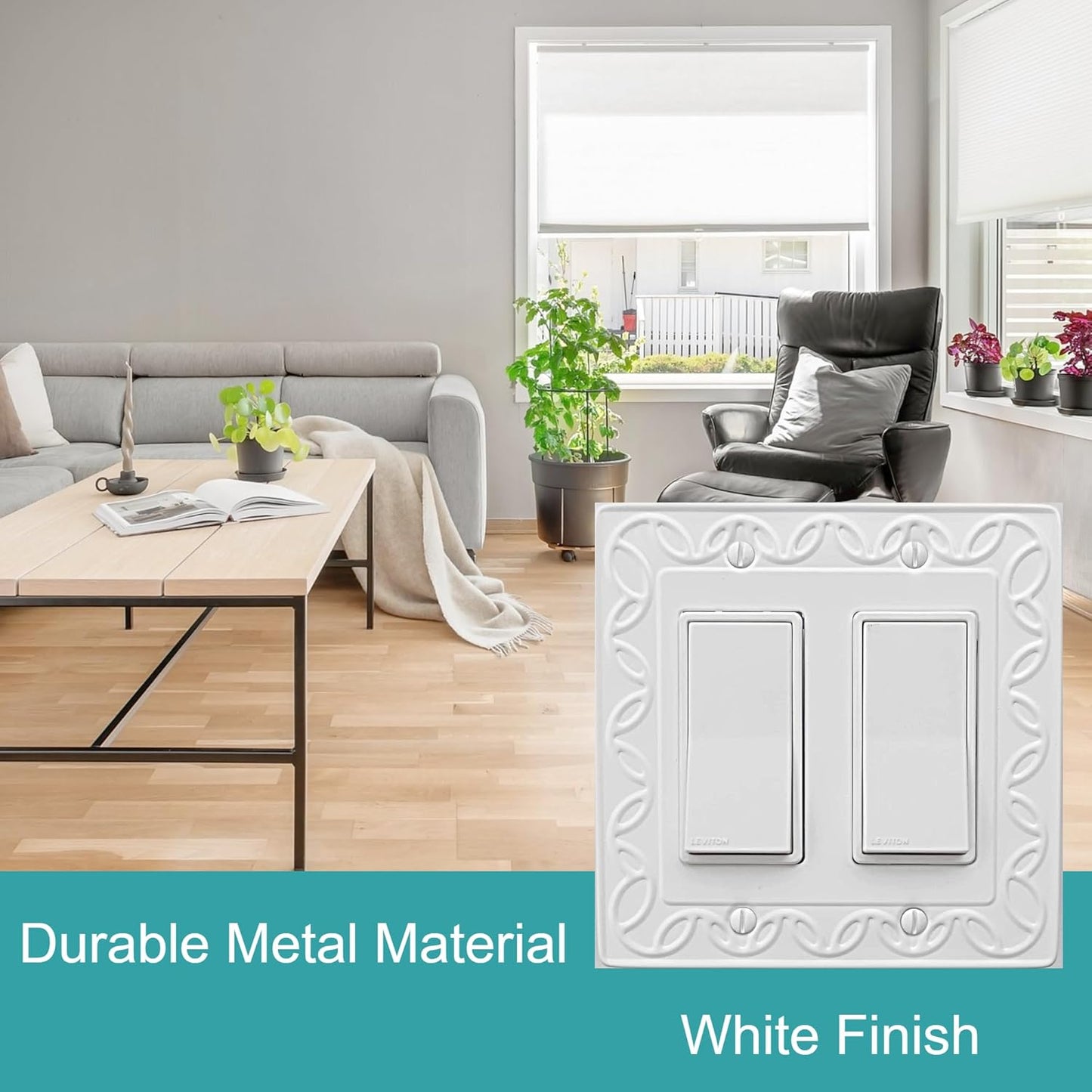 Double Decorator Light Switch Cover NovaBloom Metal Wall Plate, 2-Pack White 2 Gang Double Rocker, for Receptacle Dimmer GFCI Outlet Switch Cover Decorative Wallplate, Durable