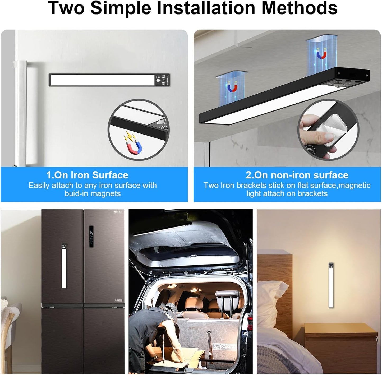 YELKO Motion Sensor Cabinet Lights, 3200mAh Battery Operated Closet Light, Portable Rechargeable Motion Lights, 3 Colors, 5 Brightness Adjustable Motion Lamp for Kitchen Wardrobe Cupboard(Two Pack)