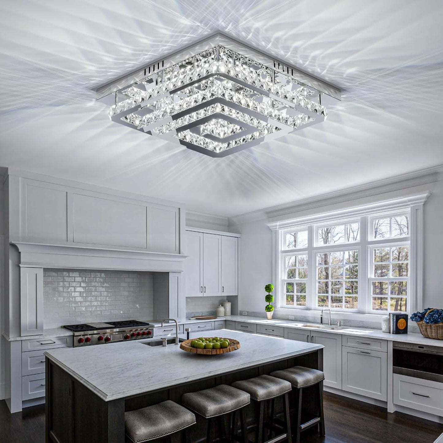 34" Modern Crystal Chandelier with Remote/App Control, Dimmable Flush Mount Ceiling Light Fixture, 3-Color Temperature, Led Ceiling Lamp for Living Room Bedroom Kitchen Dining Room Entryway