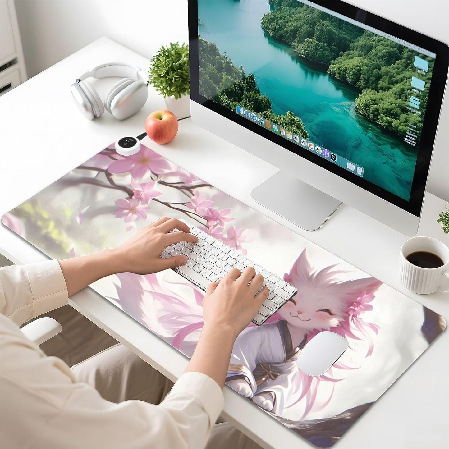Large Heated Mouse Pad,Leather Desk Mat,31.5"x13",Hand Warmer Pads for Desk,Kitty(White Pink)